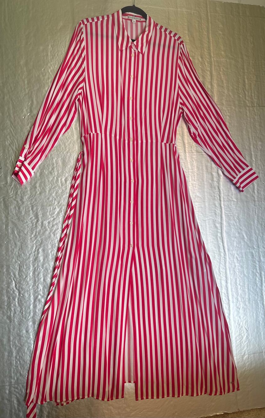 Tommy Hilifiger 14 Pink White Stripe Belted Shirt Dress Maxi NWOT